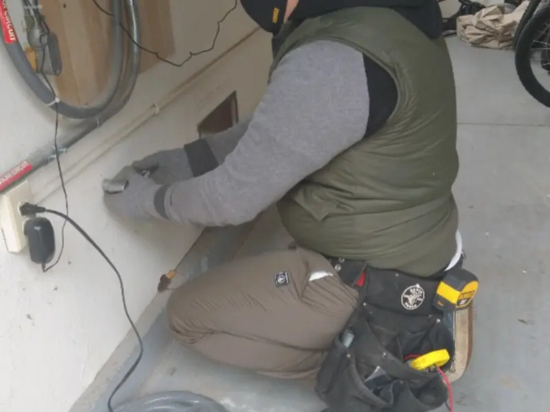 Electrician performing outlet wiring in a Robeson garage